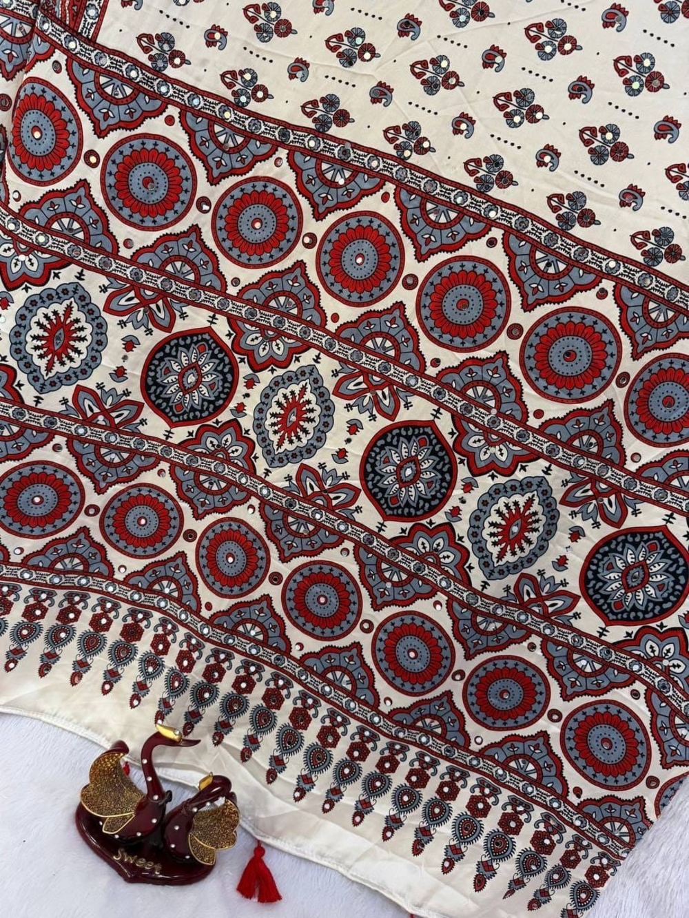 Ajrakh Print Japan Satin Saree with Mirror Work & Latkan - Picture 14 of 17